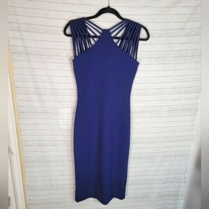DRESS the POPULATION HARLOW STRAPPY NECK MIDI DRESS IN NAVY, SZ MEDIUM